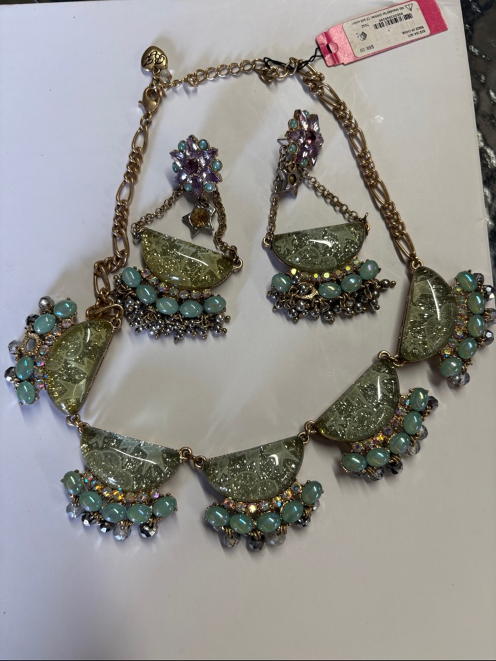 Betsey Johnson Gold-Tone Mint Green and Lilac Statement Necklace & Earring Set